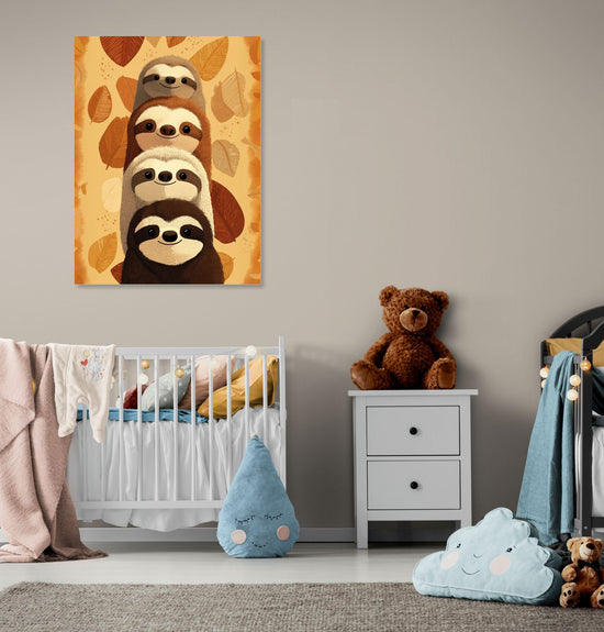 Tableau mural peluches paresseux dans chambre enfant, ambiance douce et ludique