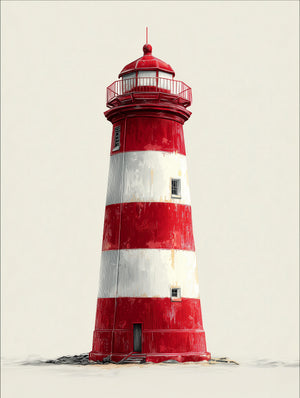 Tableau décoratif d'un phare rouge et blanc sur fond minimaliste, style marin épuré