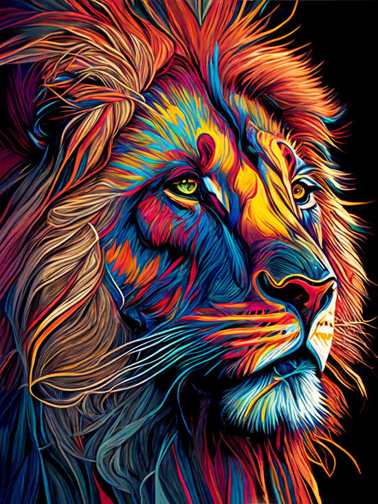 Tableau pop art d’un lion aux couleurs vives (bleu, rouge, orange) sur fond noir, avec une crinière stylisée et dynamique