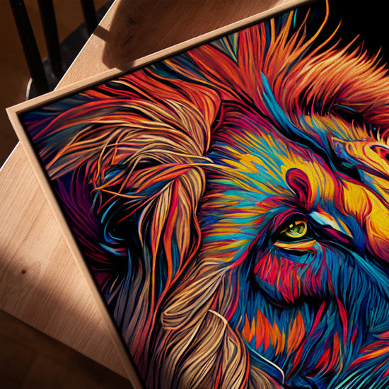 Tableau lion pop art pour salon cadre chêne doré moderne
