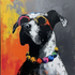 Peinture expressive d'un chien avec lunettes de soleil colorées.