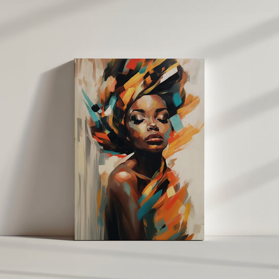 Un portrait artistique d'une femme africaine aux yeux fermés, avec des couleurs vibrantes comme l'orange, le bleu, et le rouge dans son foulard et autour d'elle.