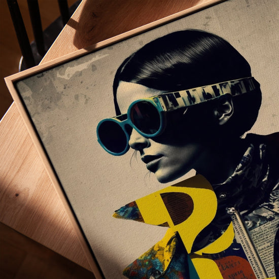 Portrait femme lunettes oversize pop art tableau pour salon industriel