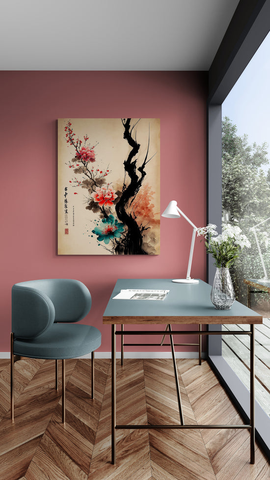 tableau cerisier, art de la calligraphie japonais, fleurs, peinture à l'encre, stylisé