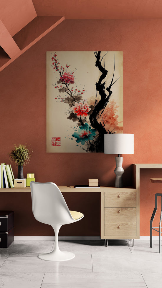 tableau cerisier, art de la calligraphie japonais, fleurs, peinture à l'encre, stylisé