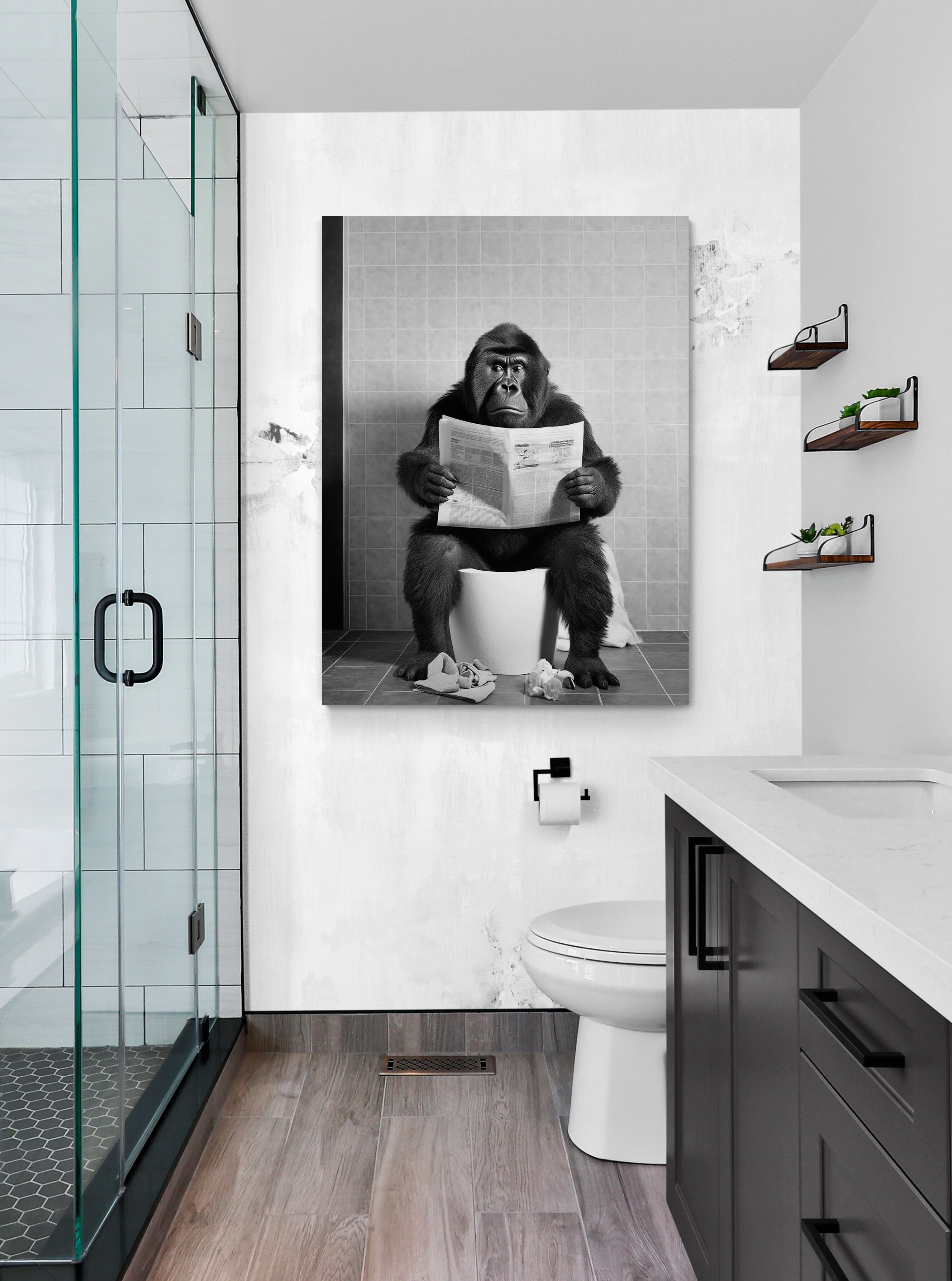 Tableau noir et blanc singe au toilette MyselfMonArt