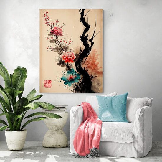 tableau pour salon, Bel art de la calligraphie japonaise, fleurs, peinture à l'encre, stylisé