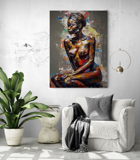 Tableau femme Africaine nue ajoutant une touche d'élégance à un salon moderne blanc