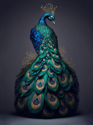 Une photo réaliste d'un majestueux paon au plumage bleu.