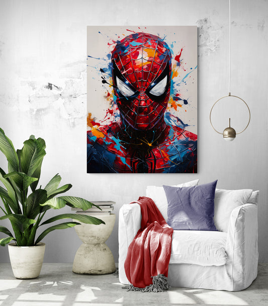 Tableau vibrant Spiderman dans un salon moderne.