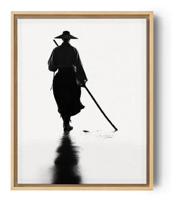 Silhouette japonaise au bâton, toile minimaliste noir et blanc