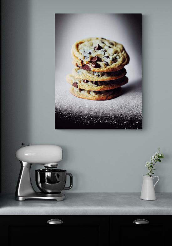 oster de cookies aux pépites de chocolat au-dessus d'un comptoir avec un robot de cuisine et un vase de fleurs.