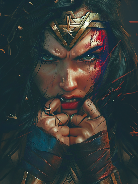 Poster Wonder Woman, super héros, visage, couleurs sombres.