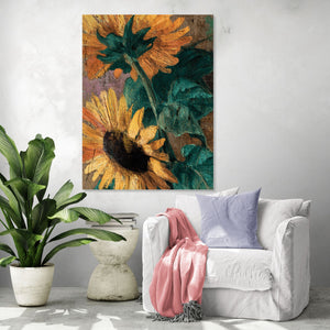 Tableau mural de tournesols jaunes vibrant sur fond texturé, ambiance lumineuse et naturelle pour un salon moderne