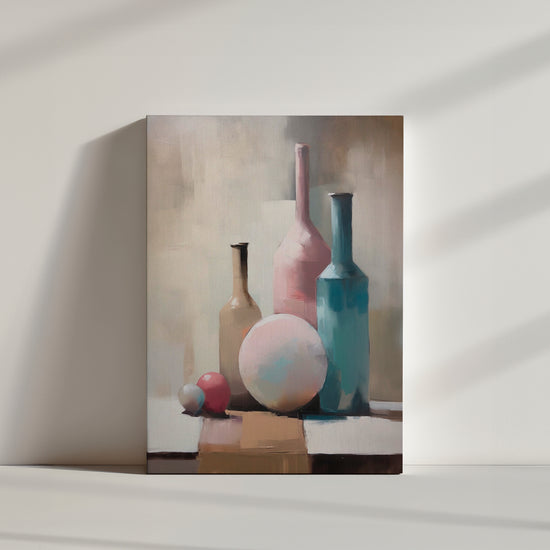 toile de peinture décorative, couleurs pales, vases, abstrait.