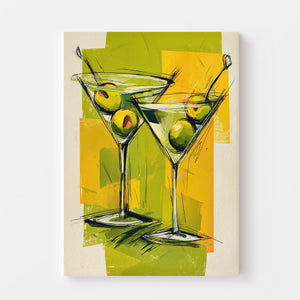 Illustration artistique de deux verres à martini avec des olives vertes, sur fond jaune et vert abstrait.