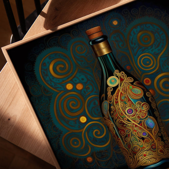 Tableau bouteille vin rouge Klimt pour salon cadre chêne doré