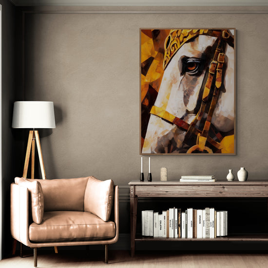 alon élégant avec un fauteuil en cuir beige, une lampe sur trépied et un grand tableau représentant la tête d’un cheval blanc