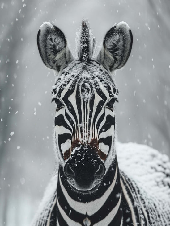 Photographie d'un visage d'un zèbre, capturé en gros plan, avec des flocons de neige qui parsèment son pelage noir et blanc