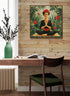 Tableau Frida Kahlo méditation, ambiance zen bureau, vase vert, branches noires