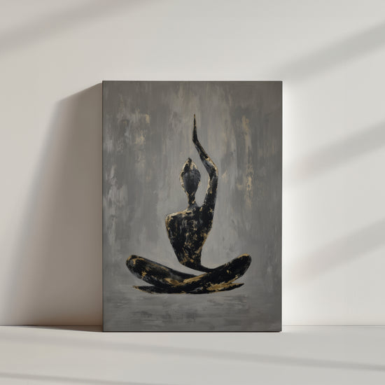 Tableau zen méditation yoga silhouette noire dorée sur toile présentation produit fond neutre