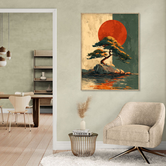 Tableau d'art mural avec un arbre sur une île et un grand soleil orange, style zen, dans un salon moderne et apaisant