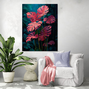 Tableau botanique de feuilles rouges et vertes, style tropical luxuriant, dans un salon minimaliste et élégant