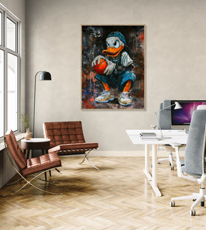 cadre deco mural de canard street art avec ballon de basket dans un bureau moderne, touche urbaine et dynamique