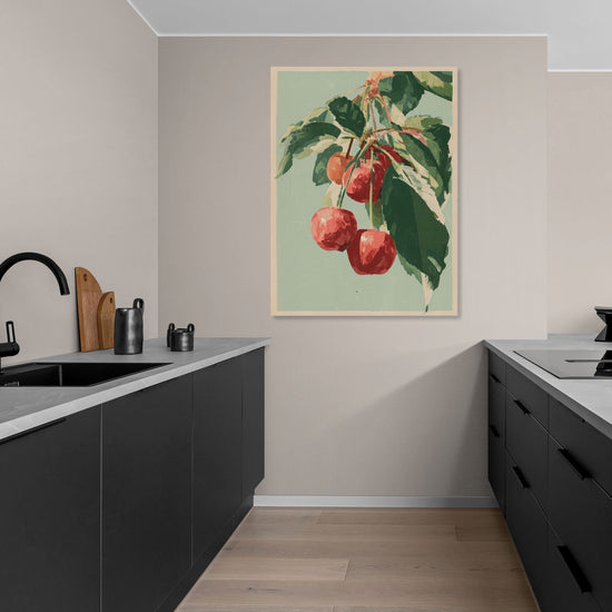 Tableau de cerises rouges sur fond vert dans une cuisine moderne, style naturel et épuré