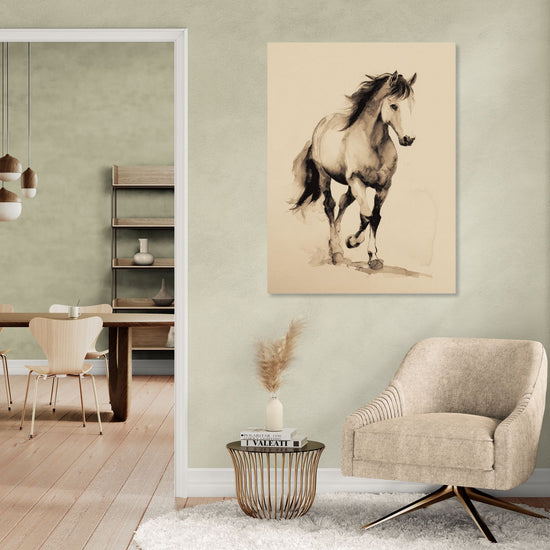 Tableau mural de cheval en noir et blanc dans un salon épuré, style naturel et élégant
