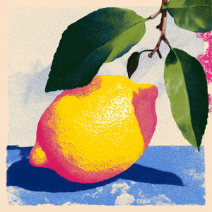 Tableau artistique rétro représentant un citron jaune vibrant avec feuillage vert, style pop art