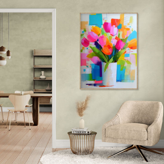 Tableau coloré de tulipes vibrantes dans salon moderne, style abstrait floral