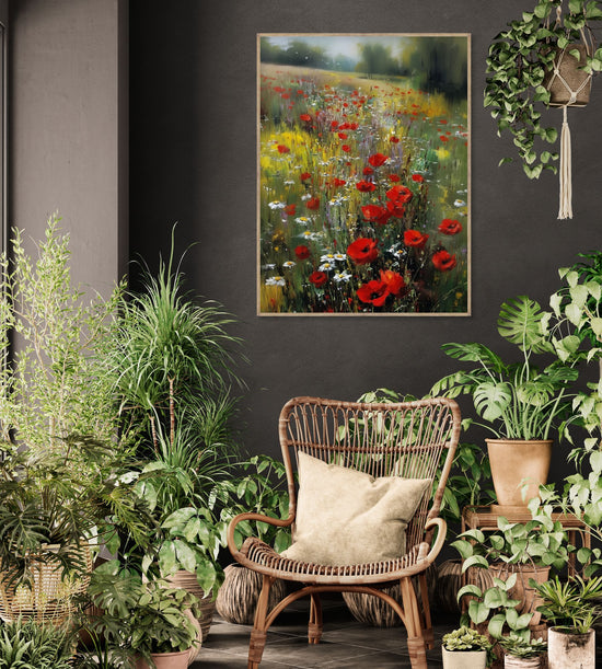 Tableau champêtre avec coquelicots rouges, ambiance naturelle et apaisante dans un salon végétal