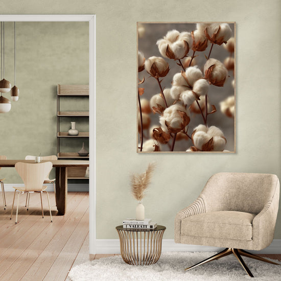 Tableau de coton beige sur fond flou, ambiance cosy et naturelle dans un salon moderne