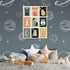 Tableau enfant animaux stylisés aux tons pastel dans une chambre spatiale ludique