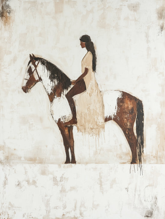 Tableau équestre minimaliste avec femme sur cheval, tons terreux et beige, style contemporain