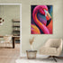 Tableau mural flamant rose vibrant dans un salon moderne, ambiance colorée et énergique, art décoratif