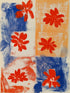 Tableau décoratif abstrait avec fleurs rouges sur fond bleu et orange, style pop art vibrant