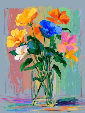 Tableau de fleurs colorées dans un vase en acrylique, style impressionniste pour un intérieur vivant et lumineux
