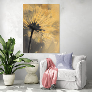 Tableau floral abstrait aux tons jaunes, évoquant une ambiance naturelle et apaisante dans un salon contemporain