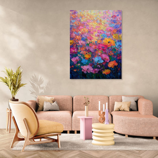 Tableau floral coloré avec touches impressionnistes dans un salon moderne et cosy