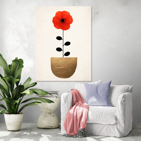 Tableau floral minimaliste avec fleur rouge et pot doré, ambiance scandinave apaisante