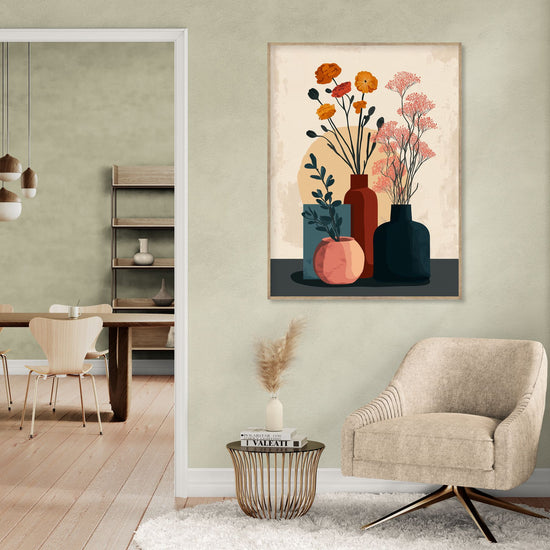 Tableau décoratif floral aux couleurs pastel, vases stylisés, créant une ambiance douce et moderne dans le salon