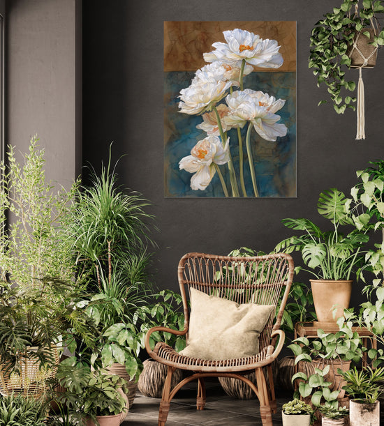 Tableau floral de pivoines blanches sur fond coloré dans un salon végétal, style nature et élégance