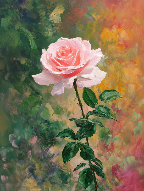 Tableau floral texturé représentant une rose rose sur fond coloré, style impressionniste vibrant