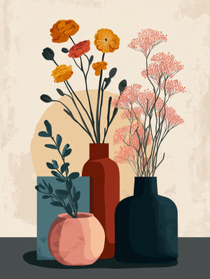 Tableau floral moderne avec vases colorés et fleurs séchées, style minimaliste pour décoration intérieure