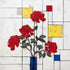 Tableau moderne de roses rouges sur fond géométrique blanc, jaune et bleu, style Mondrian floral