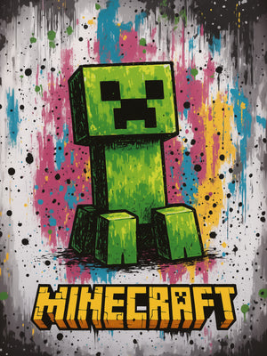 Tableau mural gamer avec personnage pixelisé vert sur fond éclaboussé multicolore, style pop art