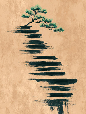 Tableau mural minimaliste avec arbre sur fond beige, style zen apaisant