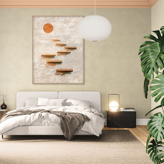Tableau mural zen avec escalier flottant et soleil orange dans une chambre lumineuse et minimaliste
